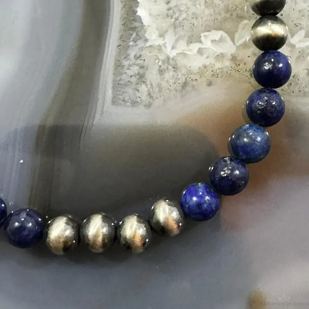 Native American Sterling 5 mm Navajo Pearl & Lapis Bead Link Bracelet For Women